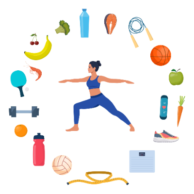 Woman surrounded by exercise equipment